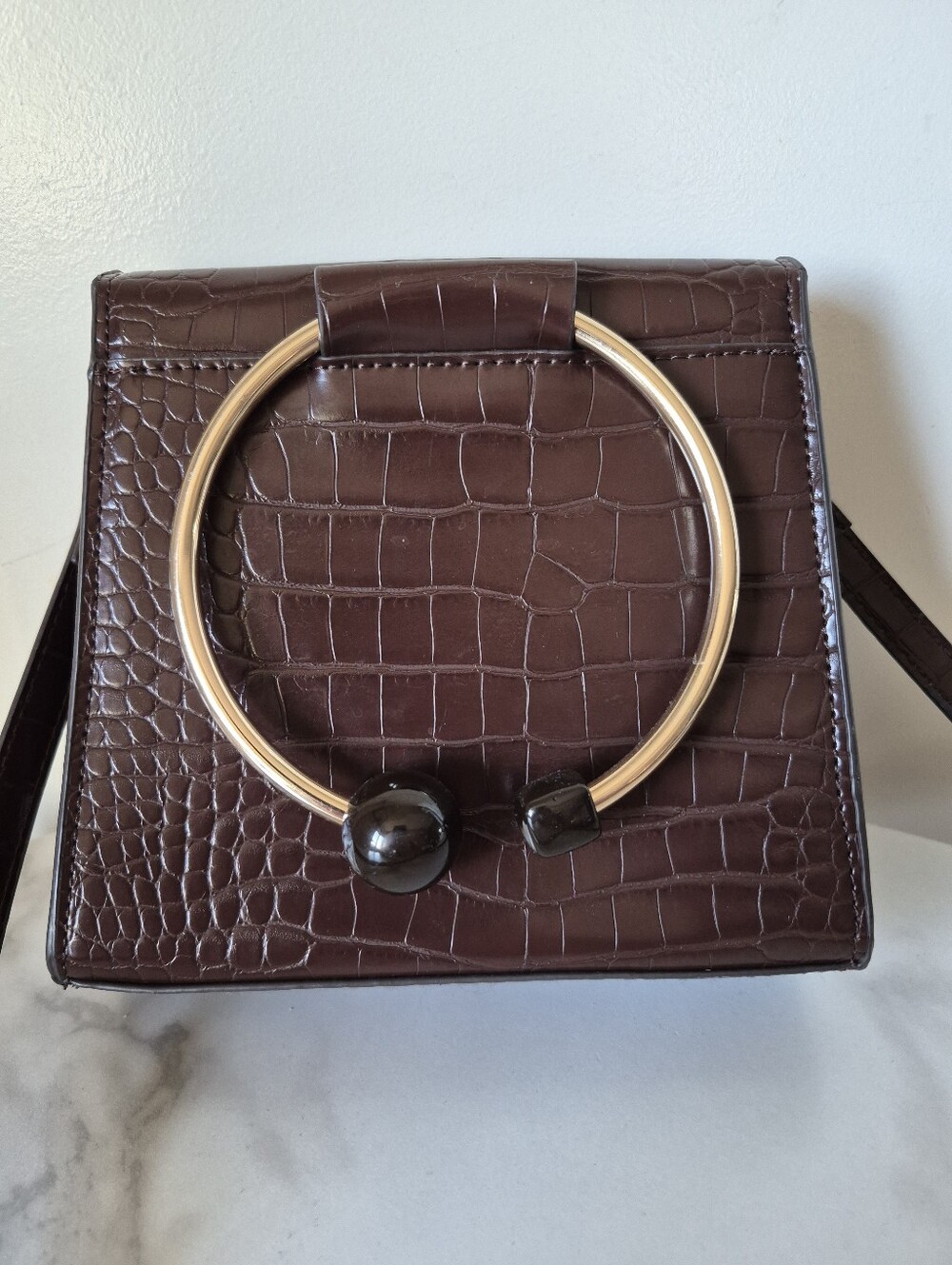 MANGO Mini Croc-Embossed Crossbody Purse – Chocolate Brown - Picture 2 of 12